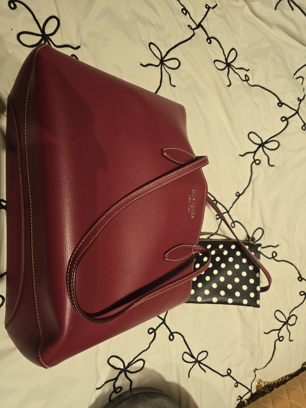 kate spade Burgundy Leather Tote with Black & White Polka Dot Pouch